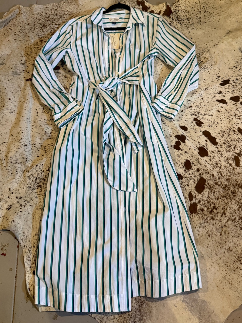 White Green and Navy Striped Tie-Waist Classic Midi Shirt Dress NWT!